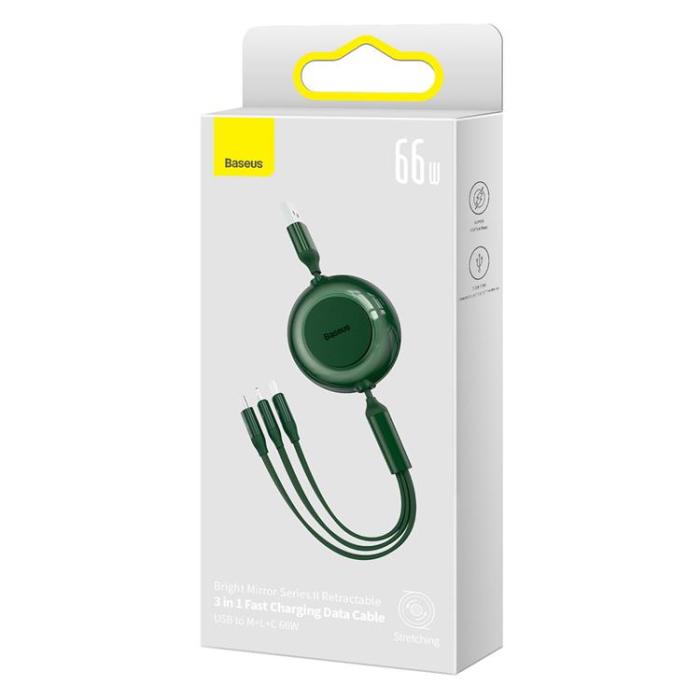 UTGATT1 - Baseus Retractable 3in1 microUSB/Lightning/Typ-C 66W 1.1m - Grön