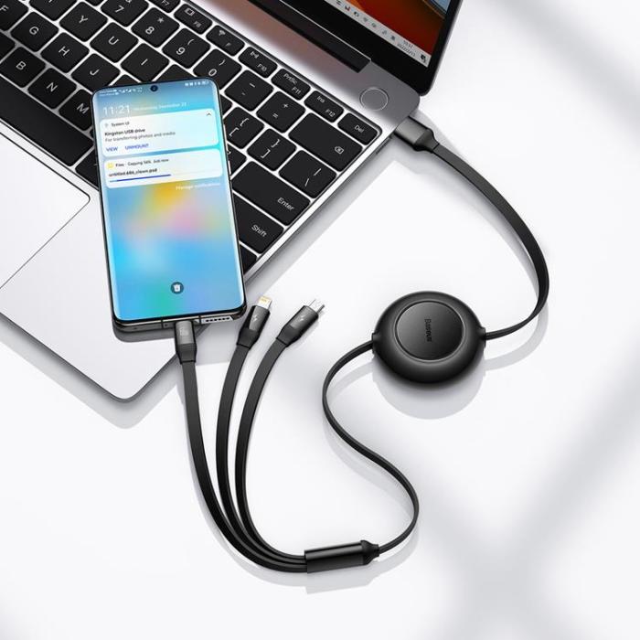 UTGATT1 - Baseus Retractable 3in1 microUSB/Lightning/Typ-C 66W 1.1m - Svart