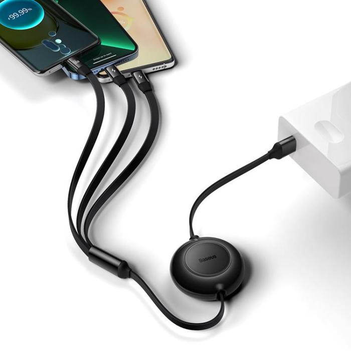UTGATT1 - Baseus Retractable 3in1 microUSB/Lightning/Typ-C 66W 1.1m - Svart
