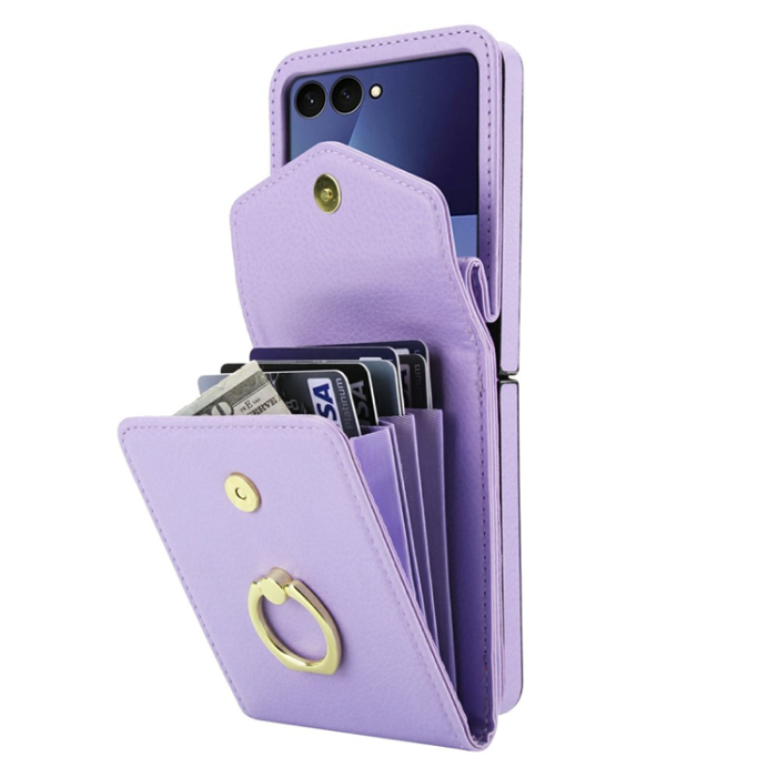 A-One Brand - Galaxy Z Flip7 Plånboksfodral Litchi med Axelrem - Ljuslila