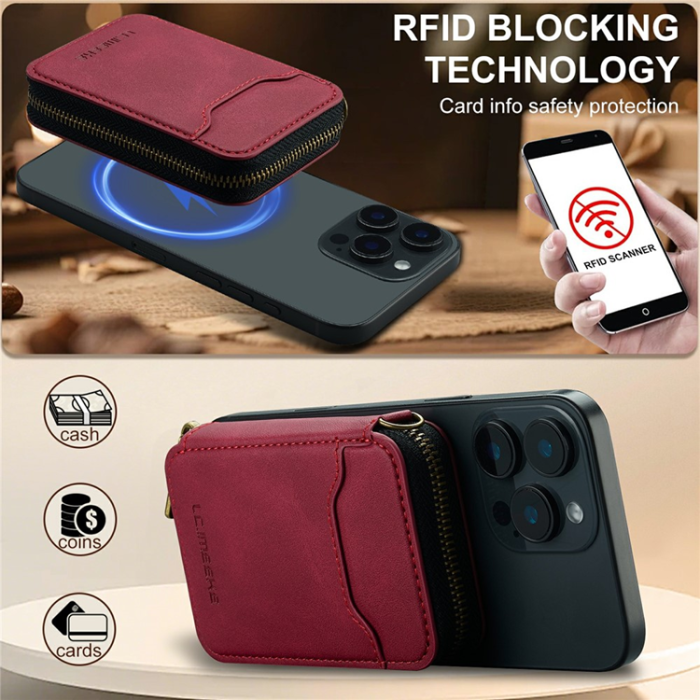 LC.imeeke - LC.IMEEKE Magsafe Korthållare L6 Zipper RFID Blocking - Röd
