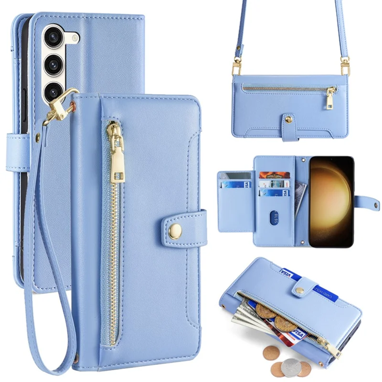 Galaxy S23 Plus Konstläder Plånboksfodral Crossbody - Blå (Blå) | 2353 | AlltMobil