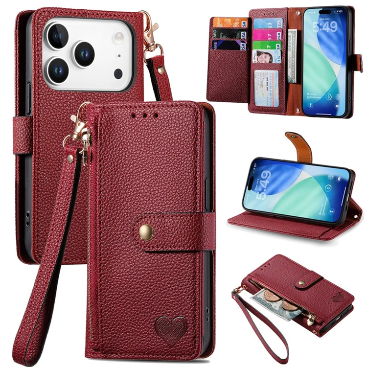 iPhone 17 Pro Max Konstläder Plånboksfodral RFID-Skydd Zipper med rem - Röd | 2353 | AlltMobil