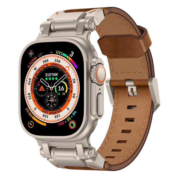 Apple Watch Ultra 3/2/1 (49mm) Armband Titanium Äkta Läder - Brun | 5123 | AlltMobil
