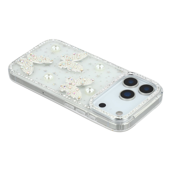 A-One Brand - iPhone 17 Pro Max Mobilskal Rhinestone Edge Pearl Butterfly