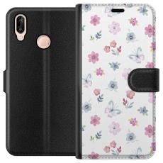 Gustaf - Pl&aring;nboksfodral till Huawei P20 lite med Blommor och fj&auml;rillar