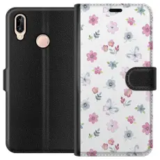 Gustaf - Pl&aring;nboksfodral till Huawei P20 lite med Blommor och fj&auml;rillar