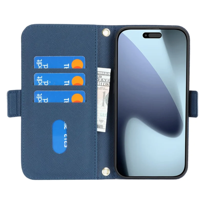 A-One Brand - iPhone 17 Pro Plånboksfodral Cross Texture med Axelrem - Blå