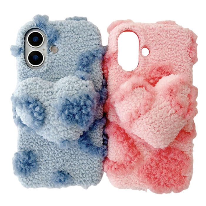 A-One Brand - iPhone 17 Mobilskal 3D Heart Plush TPU Winter Warm Soft - Rosa