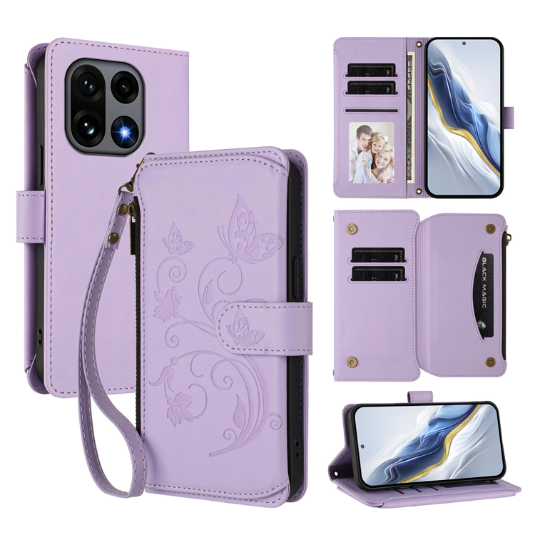 OnePlus 15 Konstläder Plånboksfodral Butterfly Floral Imprint Zipper (Ljuslila) | 2353 | AlltMobil