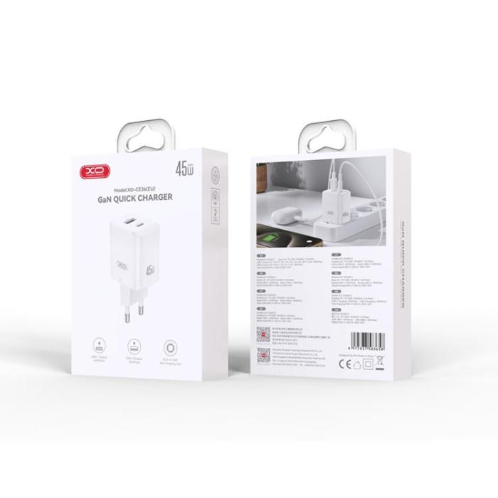 XO - XO Snabbladdare 45W USB-A - USB-C CE36 PD - Vit