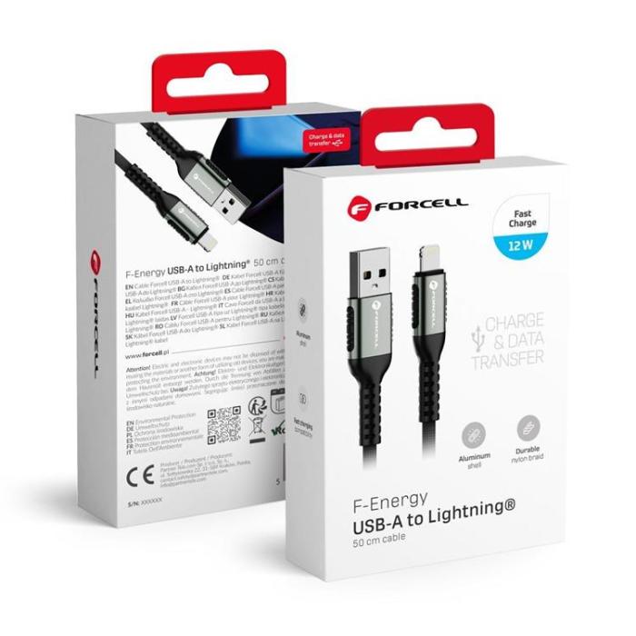 Forcell - Forcell USB-A - Lightning 12W 2.4A Kabel 0.5m PD Cafule Svart