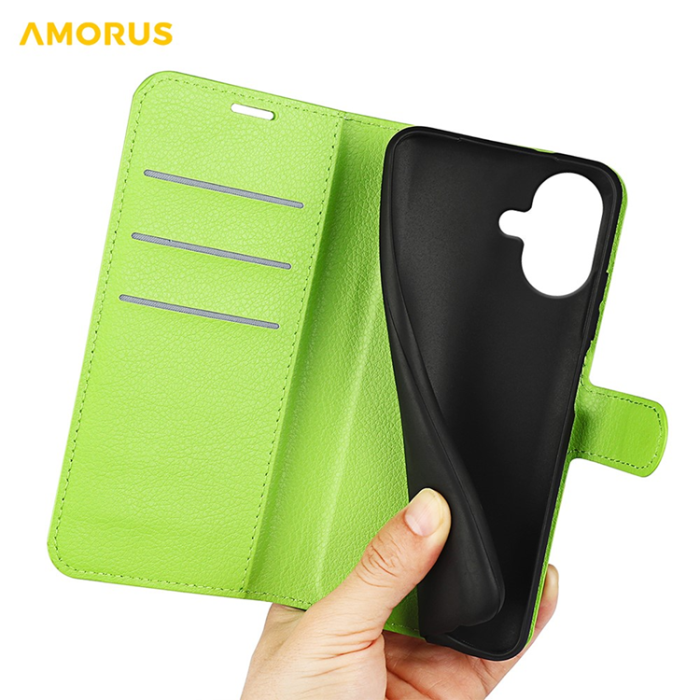 Amorus - AMORUS iPhone 17 Plånboksfodral Flipstativ Litchi - Grön