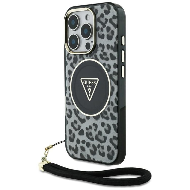 Guess Mobilskal till iPhone 16 Pro MagSafe Leopard Triangle Cord Strap Svart | 2353 | AlltMobil
