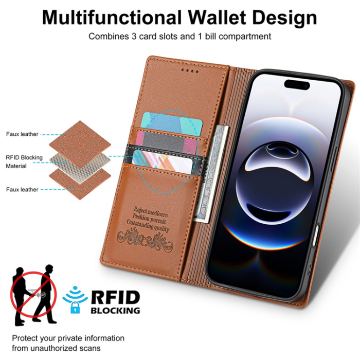 N.BEKUS - N.BEKUS iPhone 17 Plånboksfodral RFID Blocking P3 - Brun