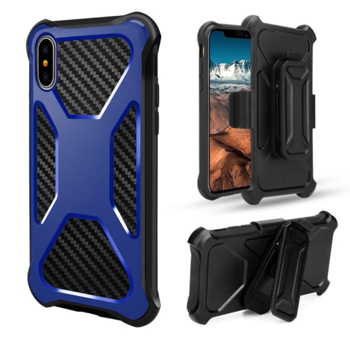 OEM - Carbon Fiber Texture 2-in-1 mobilskal med bältesfodral iPhone XS / X - Blå