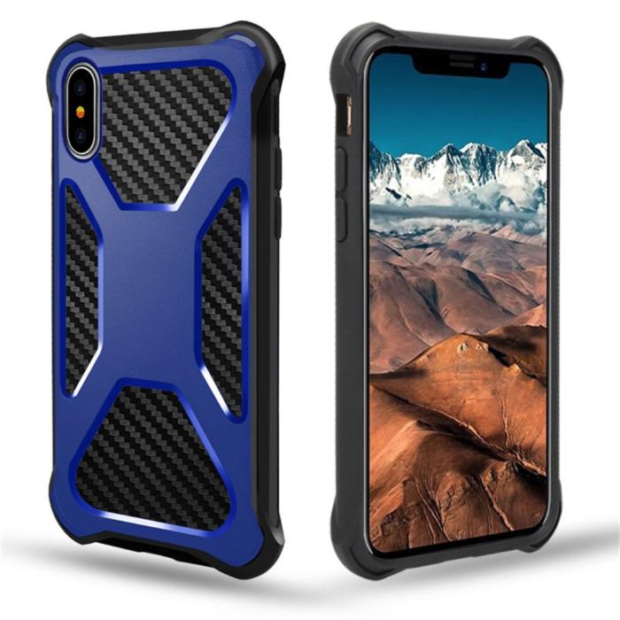 OEM - Carbon Fiber Texture 2-in-1 mobilskal med bältesfodral iPhone XS / X - Blå