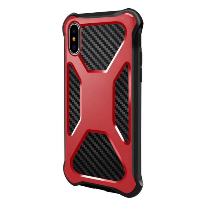 OEM - Carbon Fiber Texture 2-in-1 mobilskal med bältesfodral iPhone XS / X - Röd
