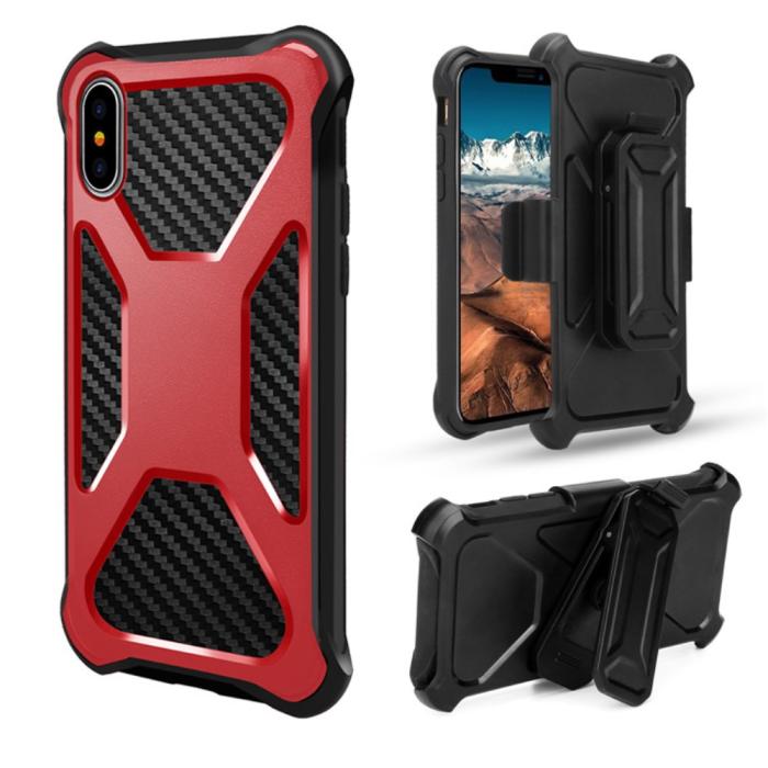 OEM - Carbon Fiber Texture 2-in-1 mobilskal med bältesfodral iPhone XS / X - Röd
