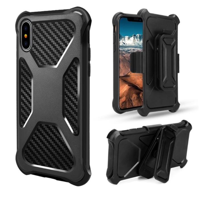 OEM - Carbon Fiber Texture 2-in-1 mobilskal med bältesfodral iPhone XS / X - Svart