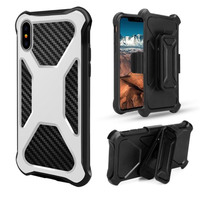 OEM - Carbon Fiber Texture 2-in-1 mobilskal med bältesfodral iPhone XS / X - Vit