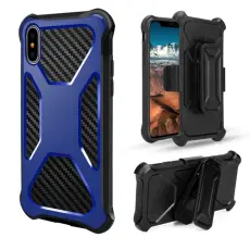 OEM - Carbon Fiber Texture 2-in-1 mobilskal med bältesfodral iPhone XS / X - Blå