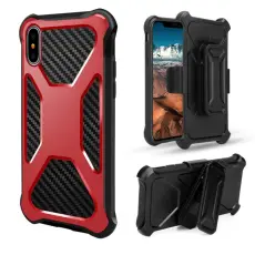 OEM - Carbon Fiber Texture 2-in-1 mobilskal med bältesfodral iPhone XS / X - Röd