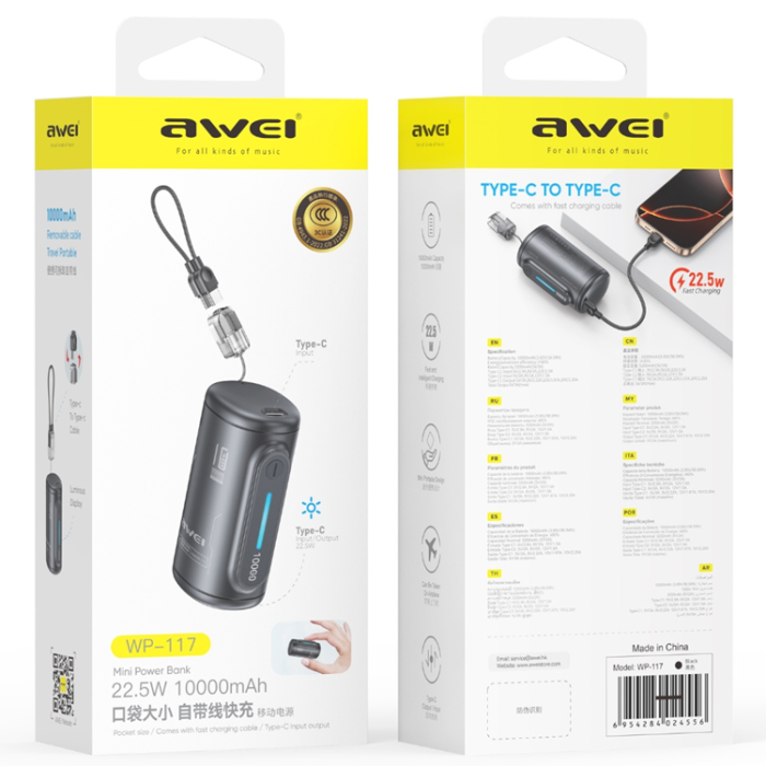 Awei - Awei Powerbank 10000mAh 22.5W 2xUSB-C WP-117 - Svart
