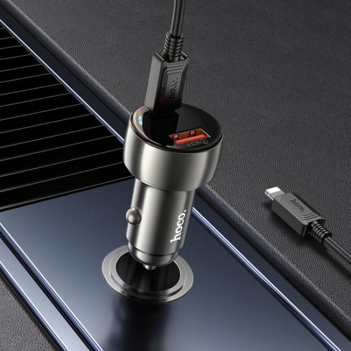 Hoco - Hoco Billaddare 48W USB-A/USB-C + Kabel USB-C Till Lightning - Metallgrå