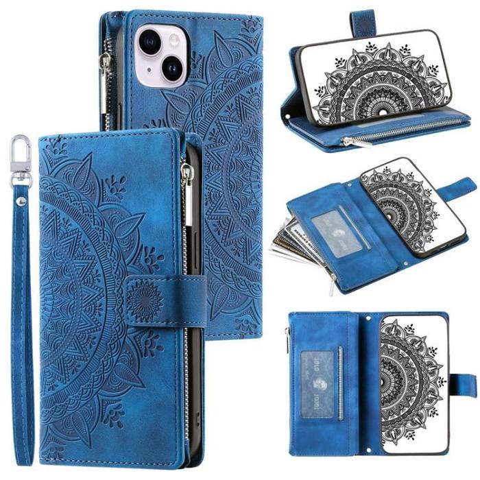 OEM - iPhone 15 Plus Plånboksfodral Mandala Flower Imprinted - Blå