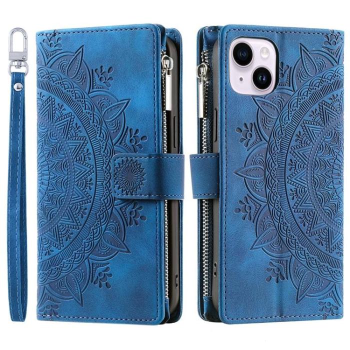 OEM - iPhone 15 Plus Plånboksfodral Mandala Flower Imprinted - Blå