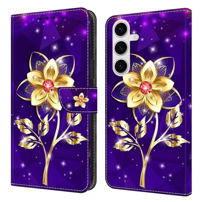 OEM - Samsung Galaxy S26 Plånboksfodral Konstläder Ställ - Guld Blommor på Lila