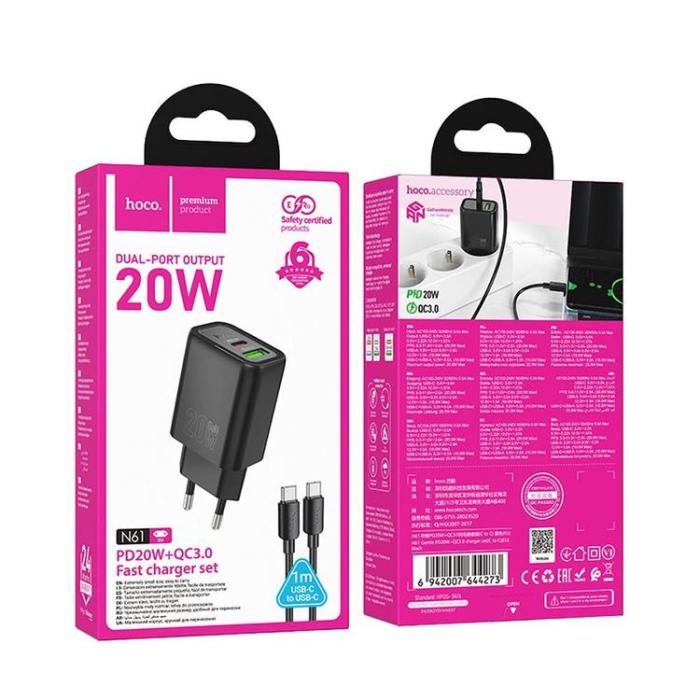 Hoco - HOCO Väggladdare USB/USB-C 20W USB-C/Lightning Kabel PD QC N61