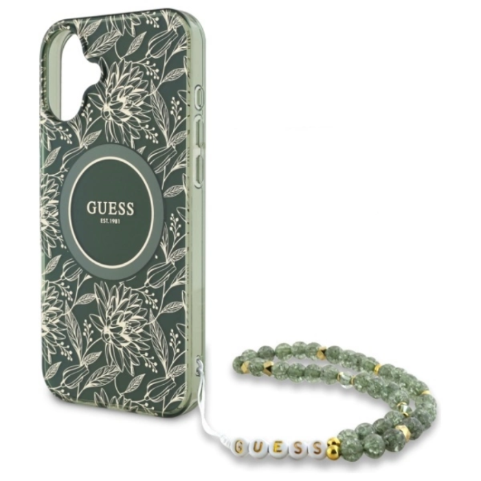Guess - Guess Mobilskal till iPhone 16 Plus MagSafe IML Flowers Med Strap - Grön