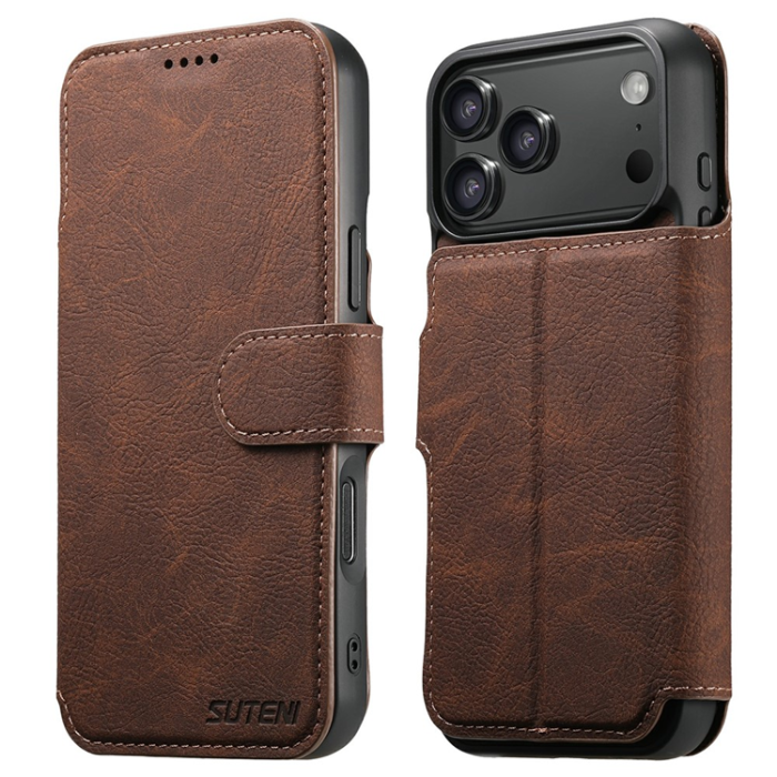 SUTENI - SUTENI iPhone 17 Pro Plånboksfodral Detachable Q-05 - Brun