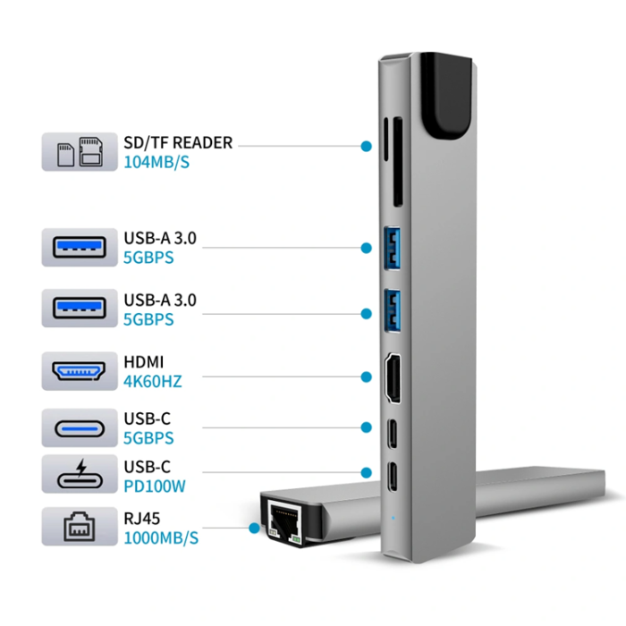 Tech-Protect - Tech-Protect USB Hubbar HDMI 4k PD100W RJ45 1000MB/S - Rymdgrå