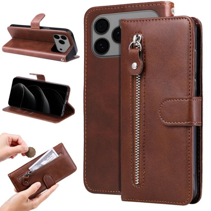 A-One Brand - iPhone 17 Pro Max Plånboksfodral Zipper - Brun