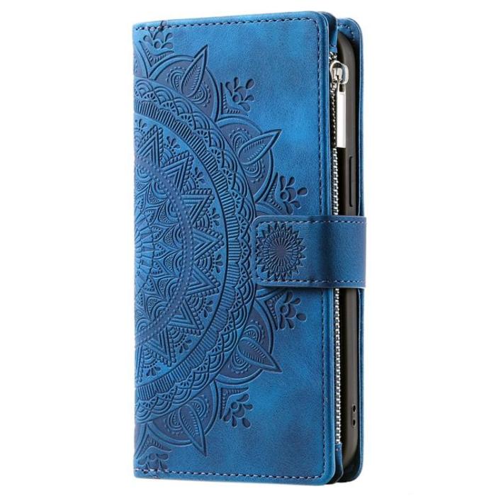 OEM - iPhone 15 Plus Plånboksfodral Mandala Flower Imprinted - Blå