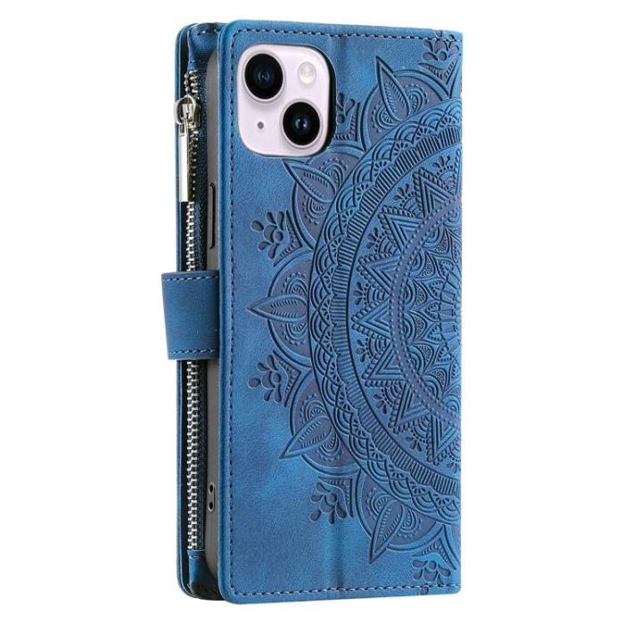 OEM - iPhone 15 Plus Plånboksfodral Mandala Flower Imprinted - Blå
