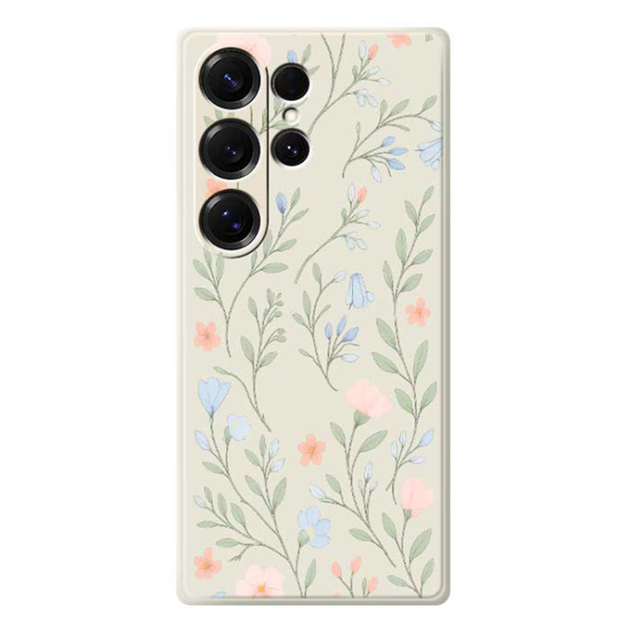 A-One Brand - Galaxy S25 Ultra Mobilskal Pink Blue Flowers Straight Edge - Beige