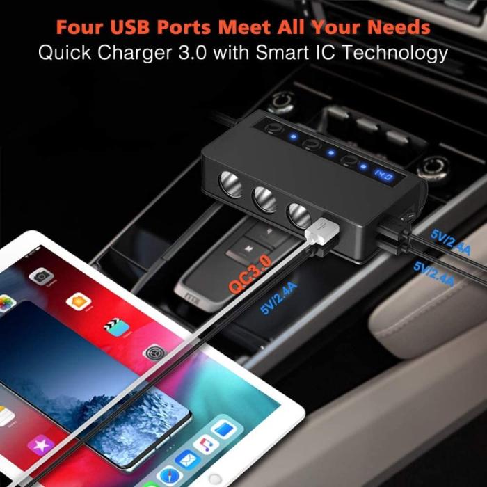 OEM - TR24 Högpresterande Billaddare 3 Cigarette Lighter Uttag 4 USB Portar