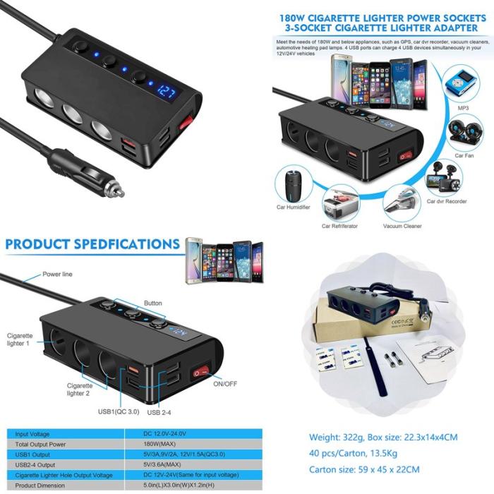 OEM - TR24 Högpresterande Billaddare 3 Cigarette Lighter Uttag 4 USB Portar