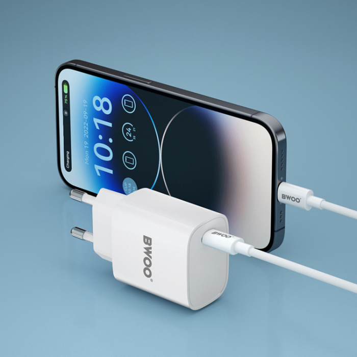 BWOO - BWOO Väggladdare 20W + Kabel USB-C Till Lightning 1m - Vit