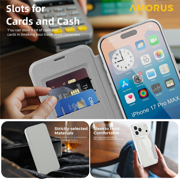 Amorus - AMORUS iPhone 17 Pro Plånboksfodral MagSafe RFID - Titangrå