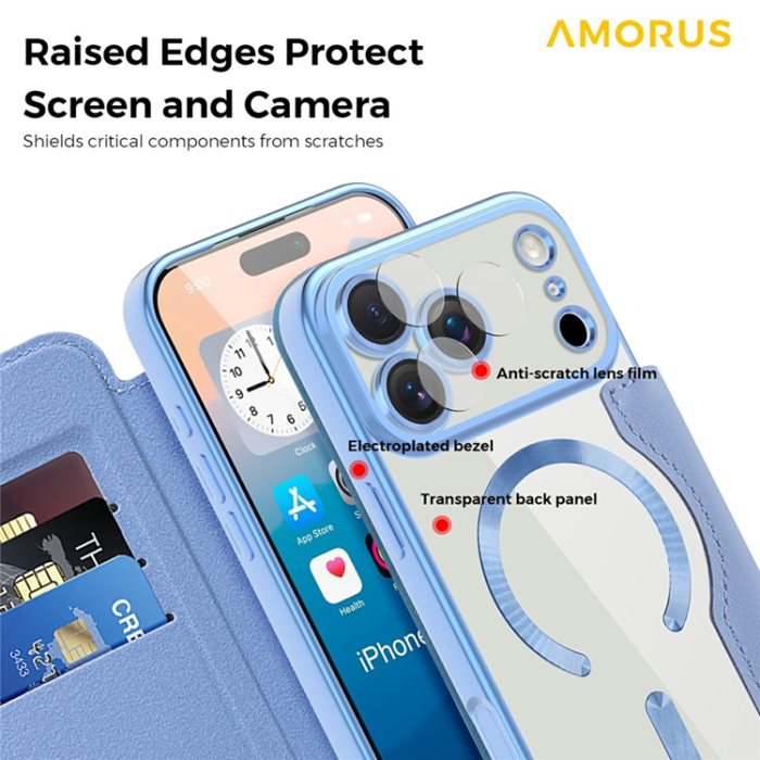 Amorus - AMORUS iPhone 17 Pro Max Plånboksfodral MagSafe RFID - Blå