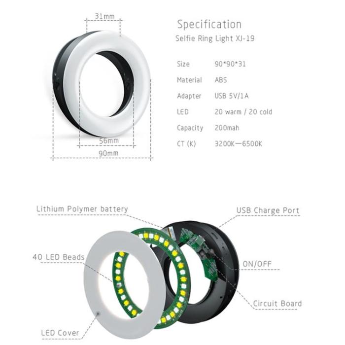 OEM - LED-Ringlampa Clip-on Selfie-lampa för Youtube Live-möte XJ19 - Svart