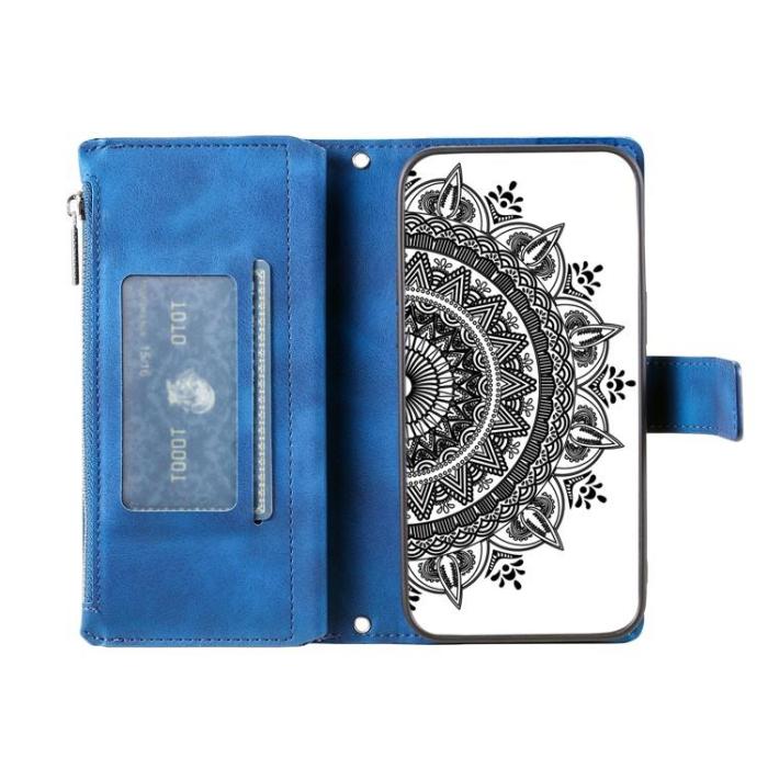OEM - iPhone 15 Plus Plånboksfodral Mandala Flower Imprinted - Blå
