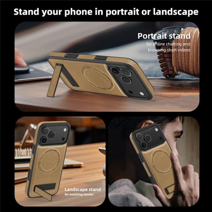 A-One Brand - iPhone 17 Pro Mobilskal MagSafe Kickstand Läder - Ökenguld