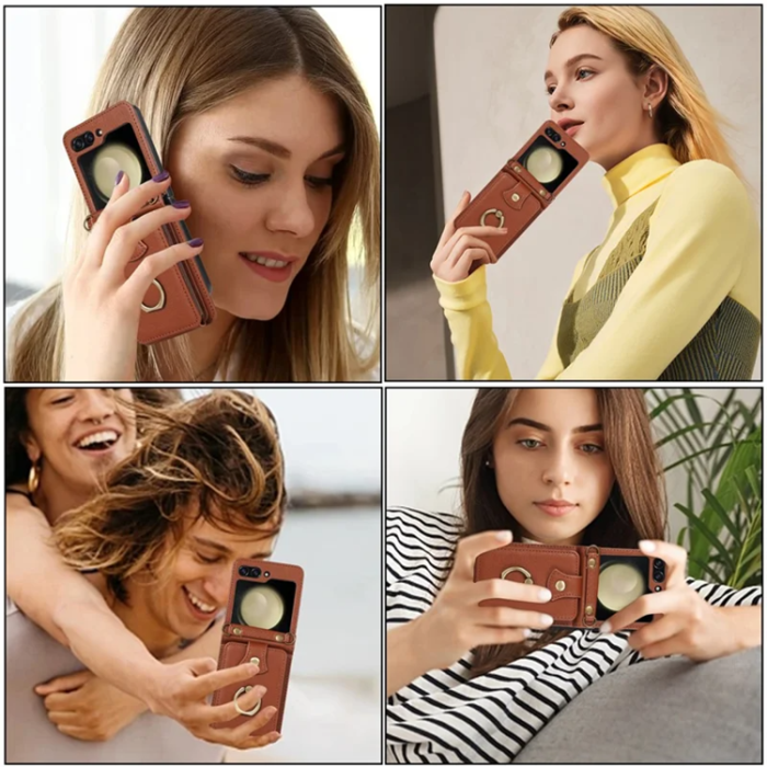 A-One Brand - Galaxy Z Flip7 Plånboksfodral Ring Kickstand med Lång rem - Brun