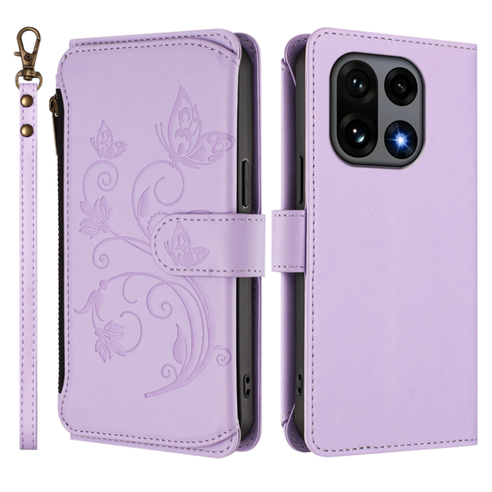A-One Brand - OnePlus 15 Konstläder Plånboksfodral Butterfly Floral Imprint Zipper